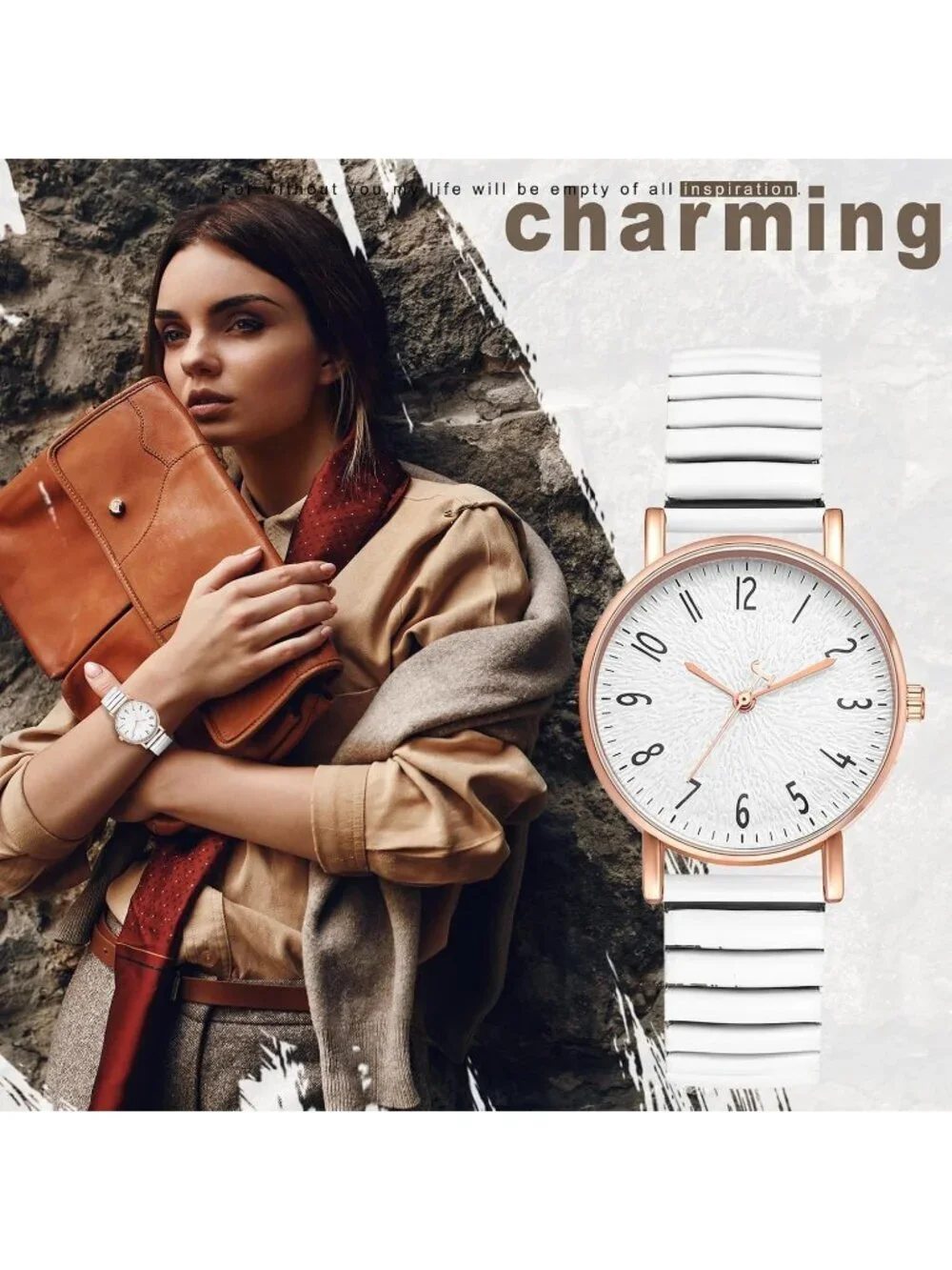 Women's White Analog Quartz Big Dial Elastic Stretch Band Casual Wrist Watch